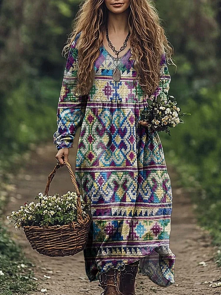 Women's Retro Floral Print Pocket Cotton Dress
