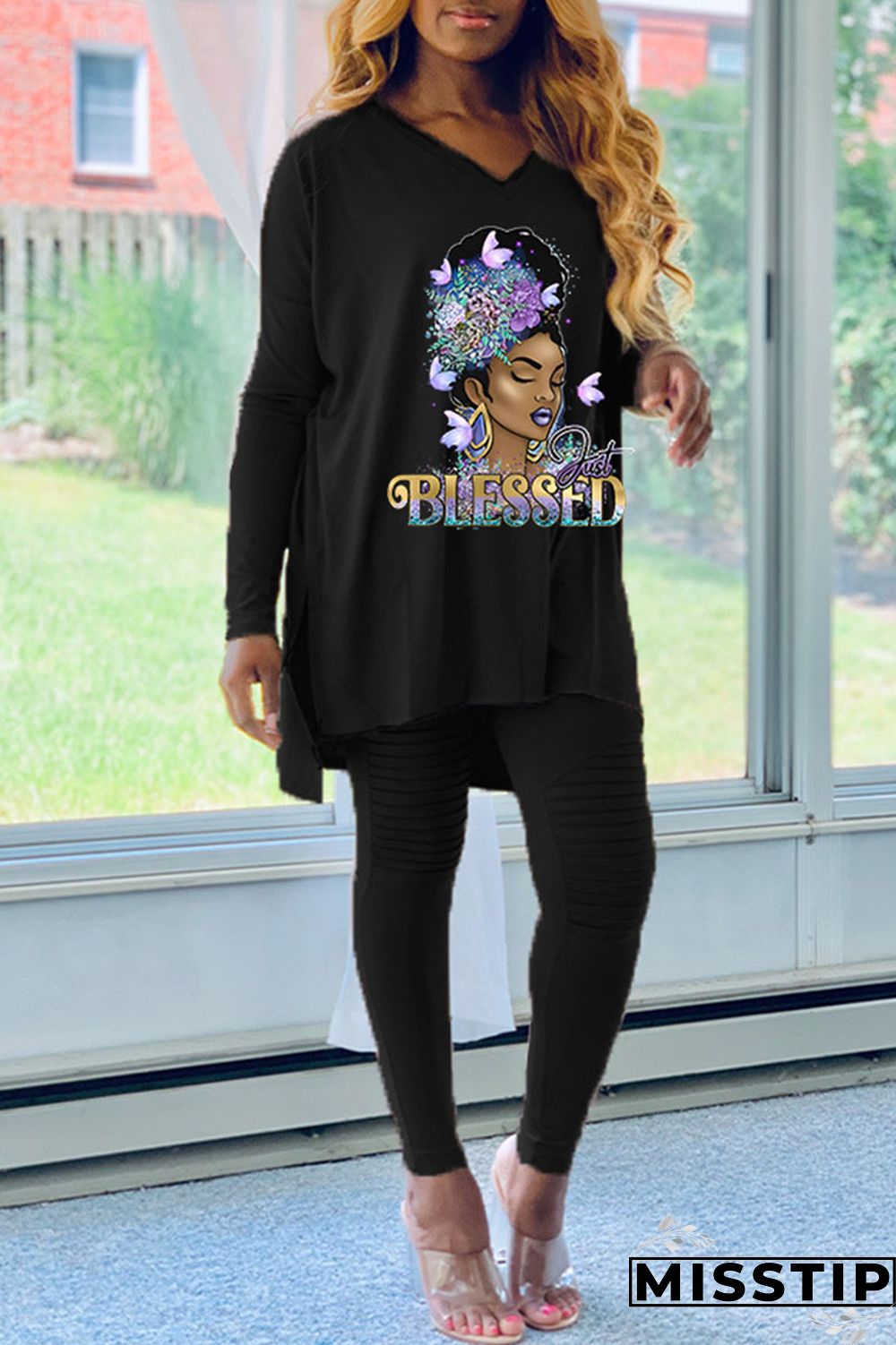 Burgundy Casual Print Patchwork V Neck Long Sleeve Two Pieces