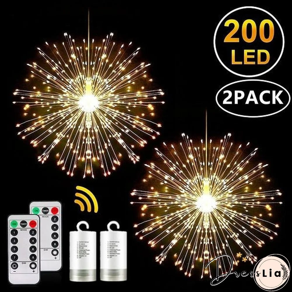 2Pcs 200/180/150/120 Led Dandelion Firework Copper Lights,8 Modes Dimmable String Fairy Lights With Remote Control, Hanging Starburst Lights For Wedding Party Home, Christmas Light Outdoor Decoration
