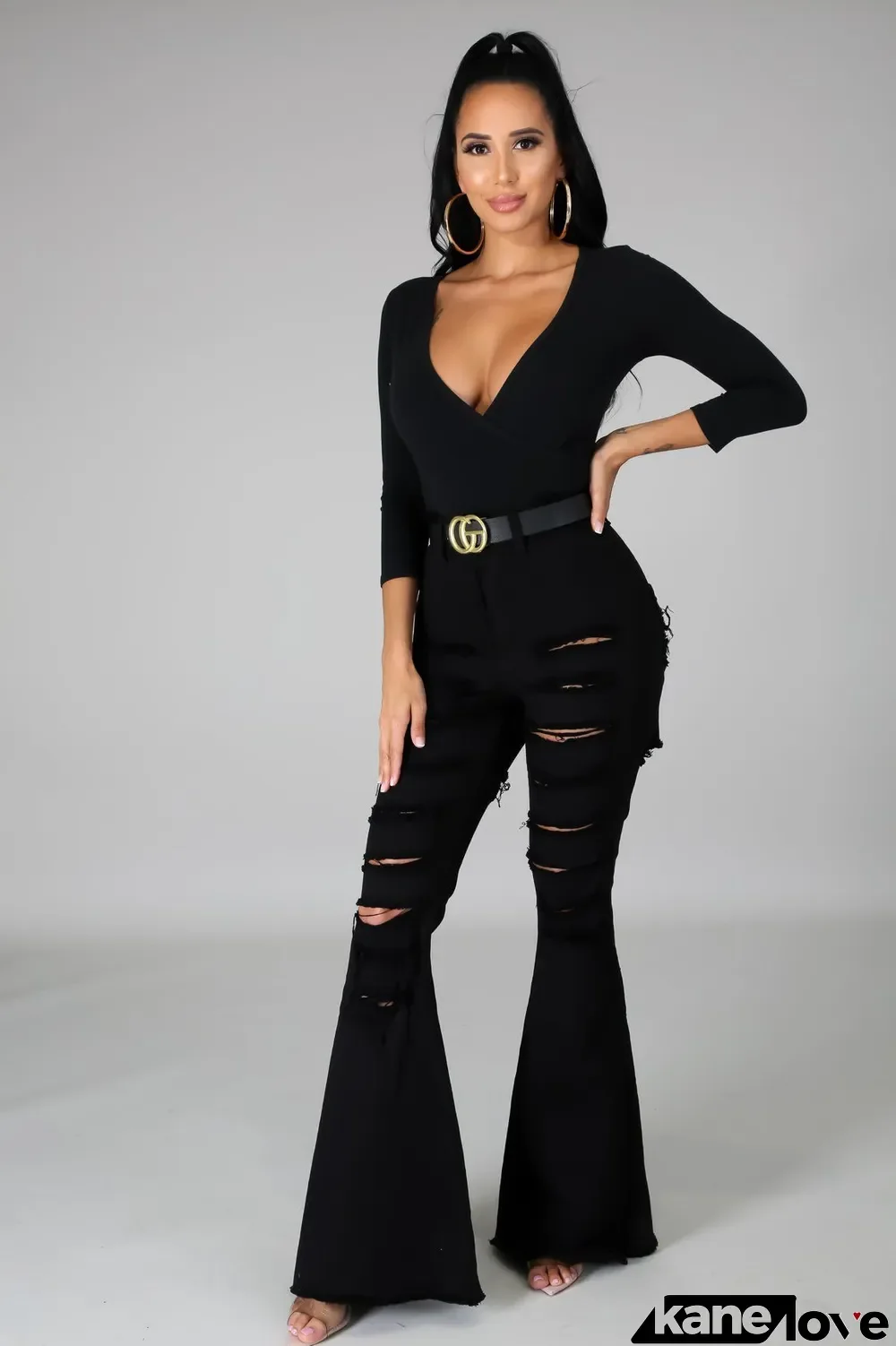 Denim High Waist Ripped Hole Flared Jeans