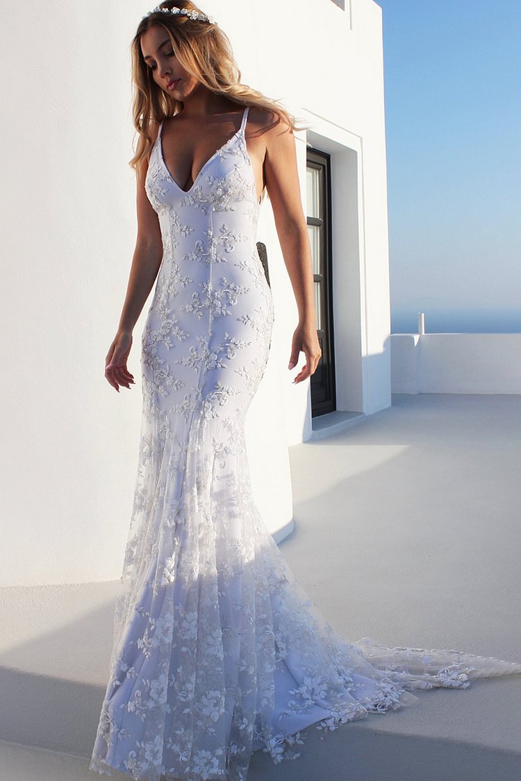 Wedding Lace V Neck Backless Mermaid Gown Maxi Dresses