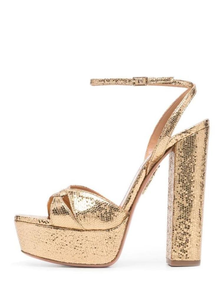 Gold Sequin Adjustable Ankle Strap Chunky Heel Party Sandals