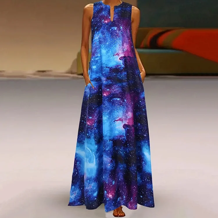 Galaxy Print V Neck Tank Maxi Dress