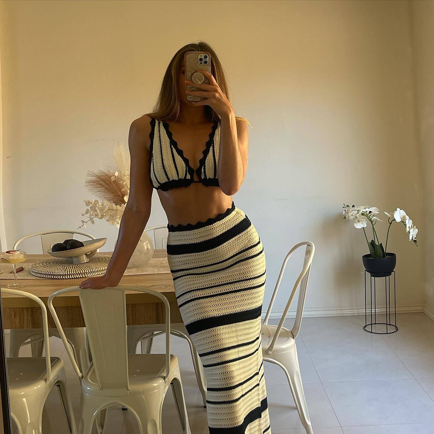 Ootddress Knitwear 2 Piece-Set Striped Maxi Skirt Female Bustier Bandage And High Waist Long Skirt Sets Fashion Summer Women Outfits