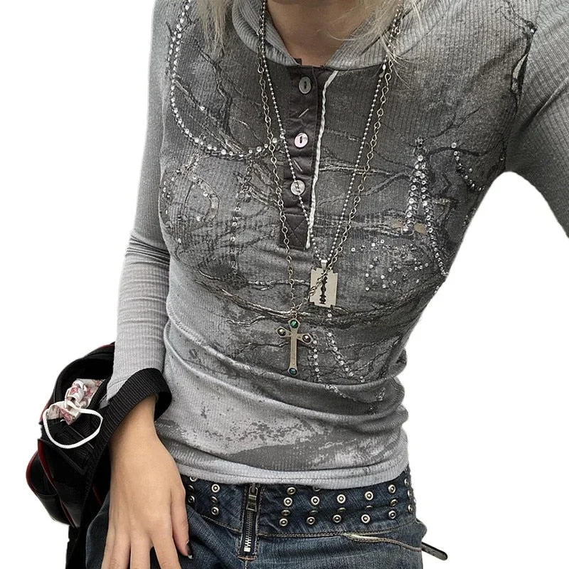 Xingqing Grunge Fairycore Top Gray Button Long Sleeve T Shirt Aesthetic Harajuku Chic Tee Women Korean Cloth Vintage Clothes