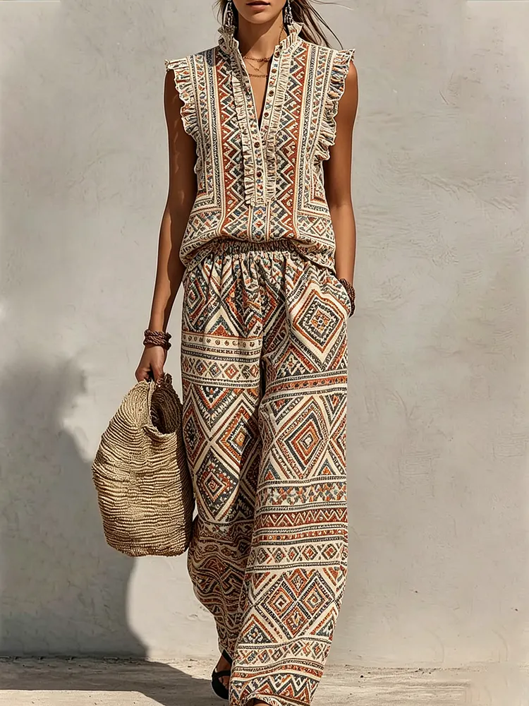 Women&rsquo;s Bohemian Art Print Two-Piece Set