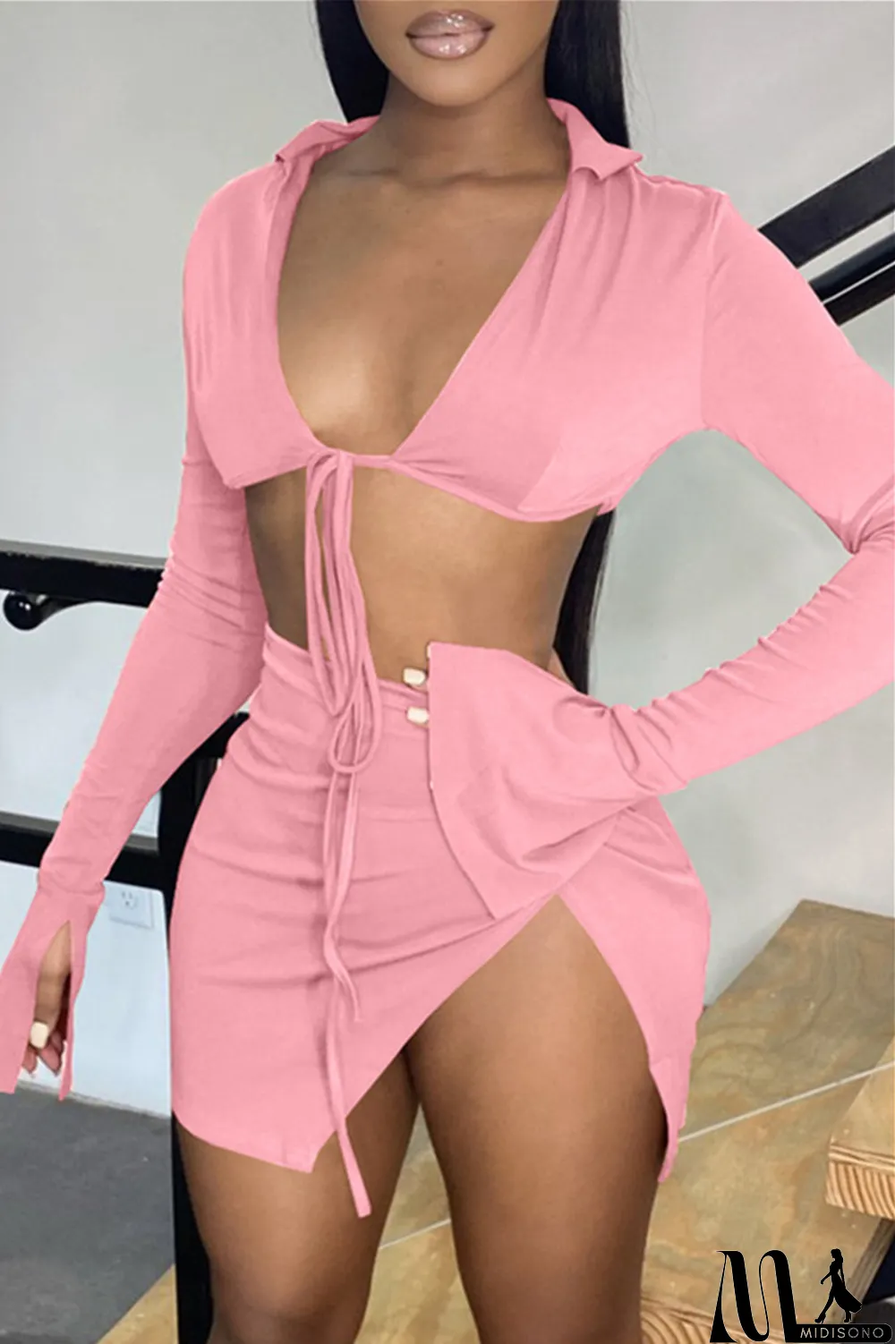 MidiSono - Khaki Sexy Casual Solid Bandage Slit V Neck Long Sleeve Two Pieces