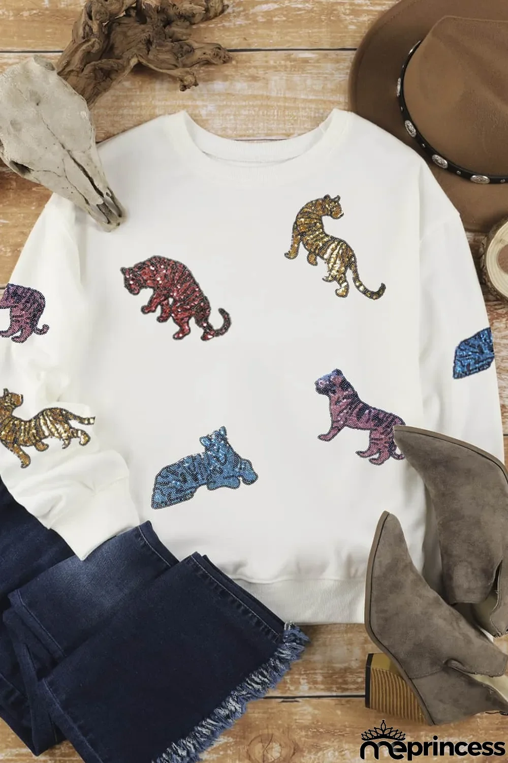 Beige Sequined Tiegers Casual Round Neck Sweatshirt