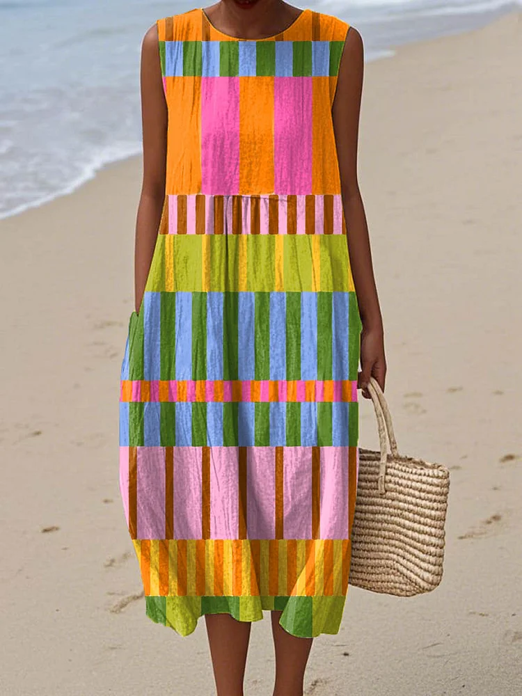Women's Abstract Geometric Pattern Art Print Sleeveless Cotton Pocket Wrap Dress