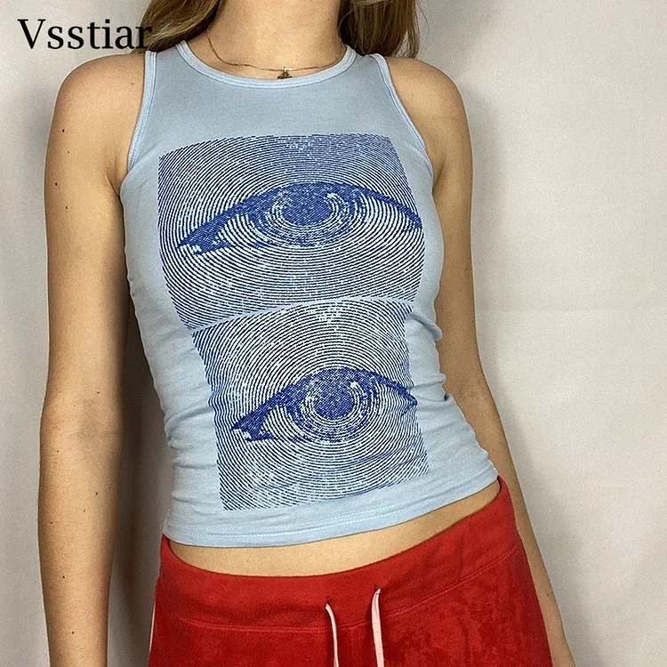 Vsstiar Sexy Print Tanks Women Summer Y2K Sleeveless Off Shoulder Clothes Fashion Streetwear Casual Portrait Tie Dye Crop Tops