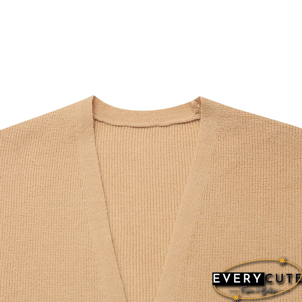 Khaki Button Cuff Knit Pocket Long Cardigan