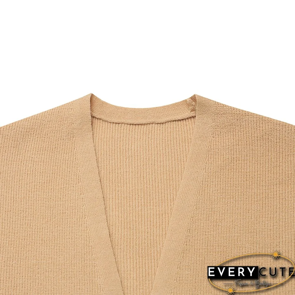 Khaki Button Cuff Knit Pocket Long Cardigan