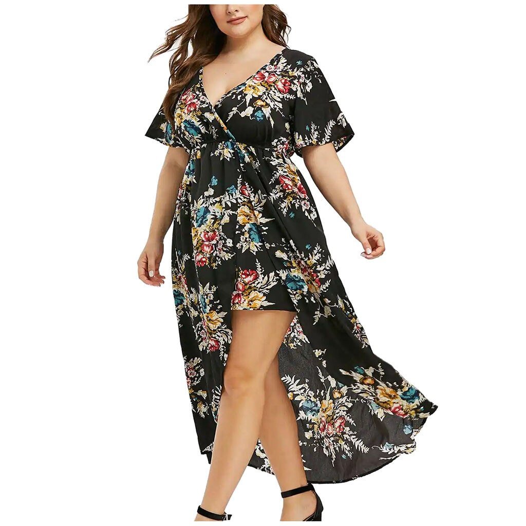 Floral Printed Woman Dress Short Sleeve Bell Sleeve High Low Maxi Dress Robe Grande Taille Femme Plus Size Women Dresses