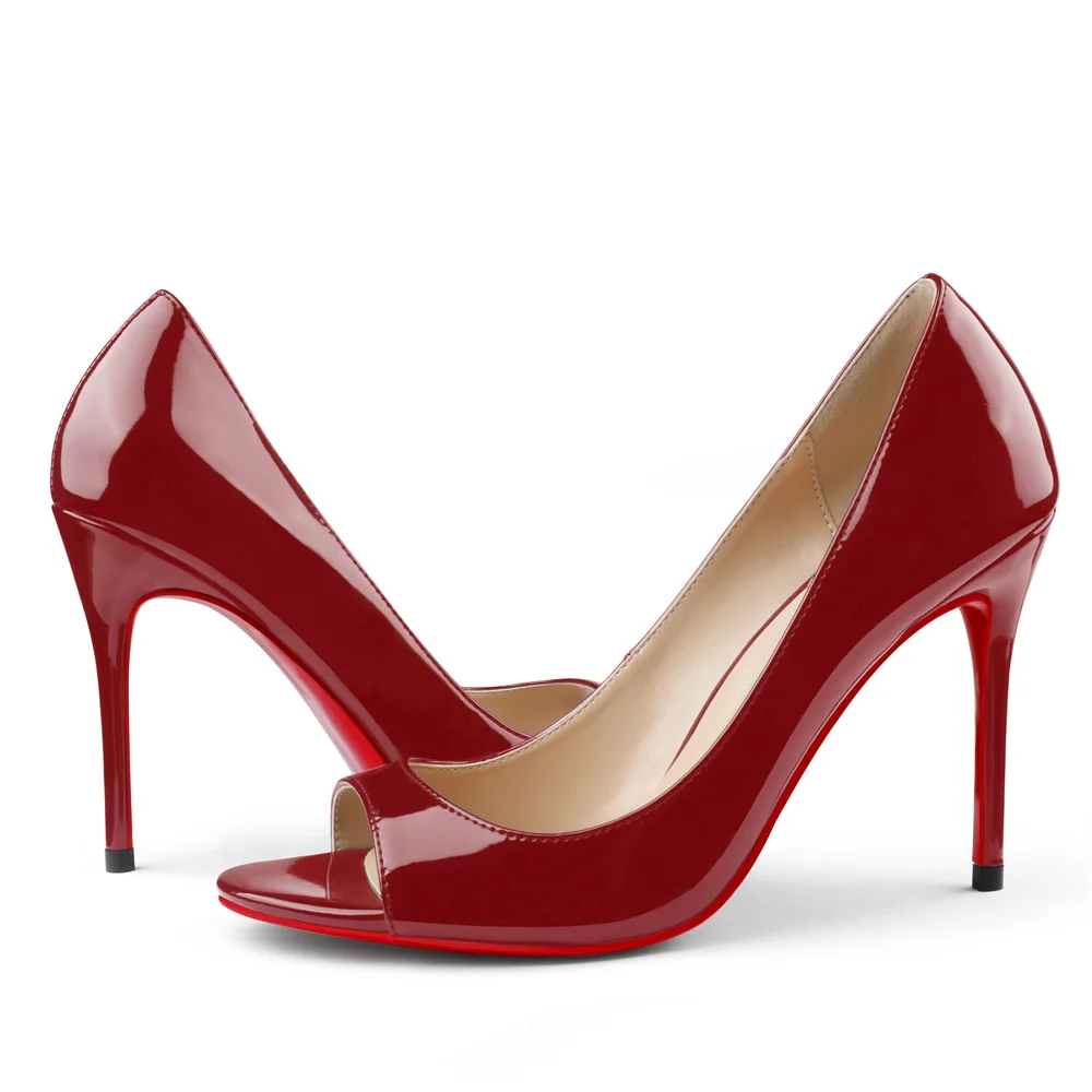 100mm Women's Open Toe Red Bottom Patent Sandals Stilettos-MERUMOTE