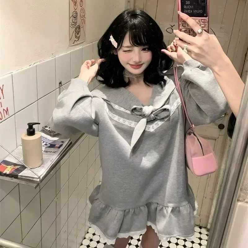 Slimhernow Sweet Preppy Style Ruched Lace Patchwork Bandage Hoodies Dresses Women Sweet Dress Gray Y2k Sailor Collar Bow Japanese Skirts