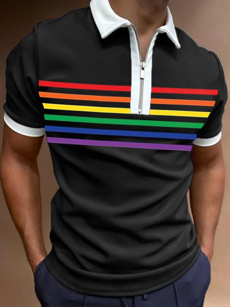 Rainbow Stripe Graphic Zip Up Polo Shirt