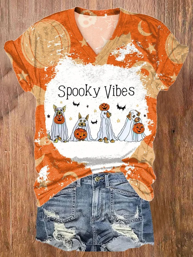 Spooky Vibes Ghost Dog Print T-Shirt