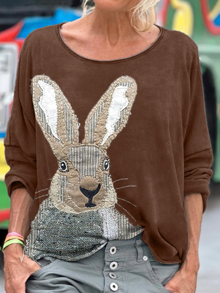 Comstylish Women's Vintage Bunny Pattern Long Sleeve T-shirt