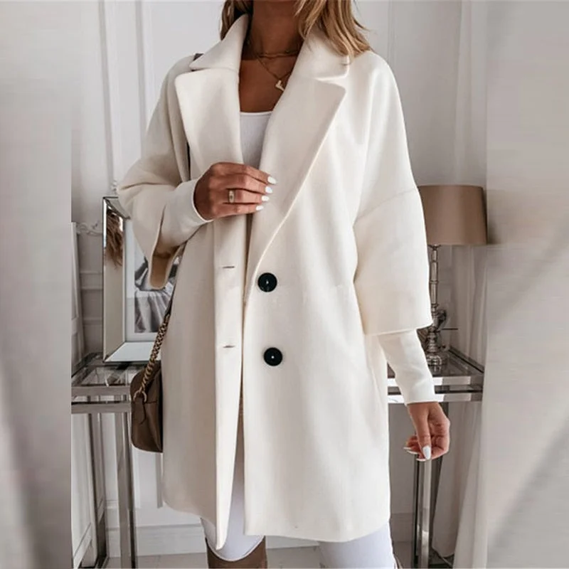 Casual Solid Color Lapel Thick Coat Fall Winter Fashion Mid-length Buttons Cardigan Coat Elegant Office Lady Warm New Loose Coat