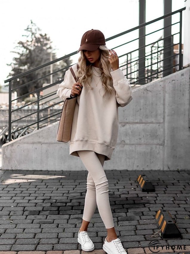 Sweatshirt Tracksuit Pants Sets Pants Trousers Active Streetwear Pink Khaki Sports Outdoor Casual Solid Color Crew Neck S M L XL XXL for Women | IFYHOME