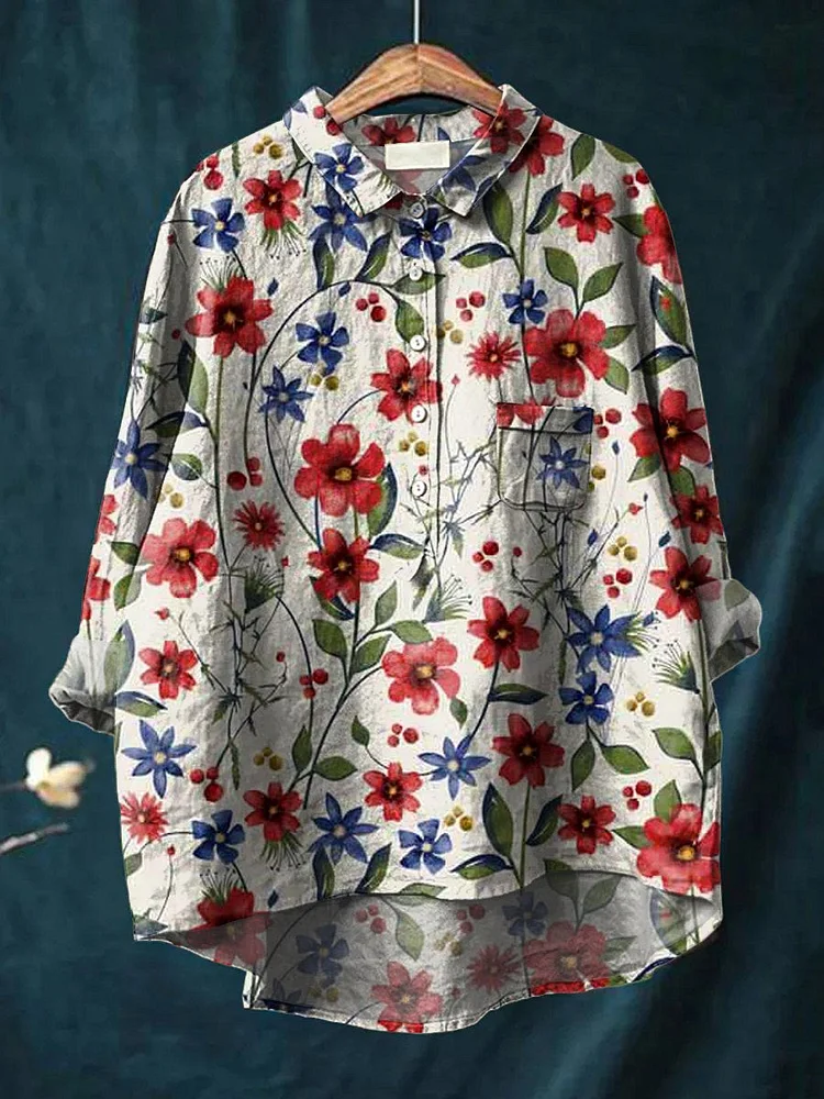 Womens Elegant Red and Blue Floral Print Casual Cotton And Linen Shirt
