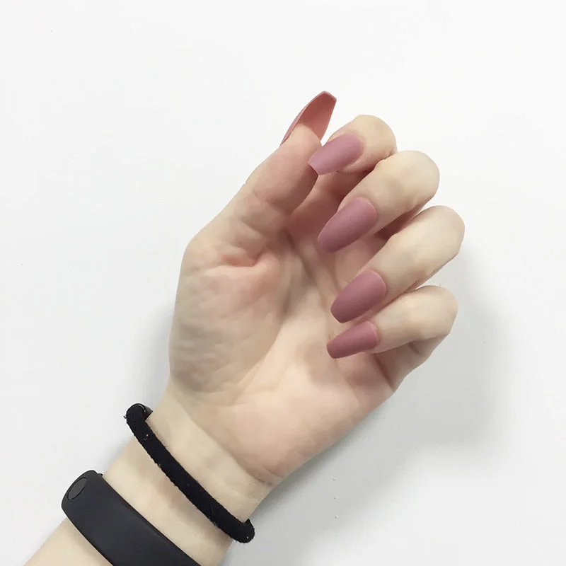 24pcs/box Khaki Pure Color Frosted Ballet matte Fake Nail press on Wearable Detachable Nail Tip Long Healthy full cover for Girl-Nail Inspo