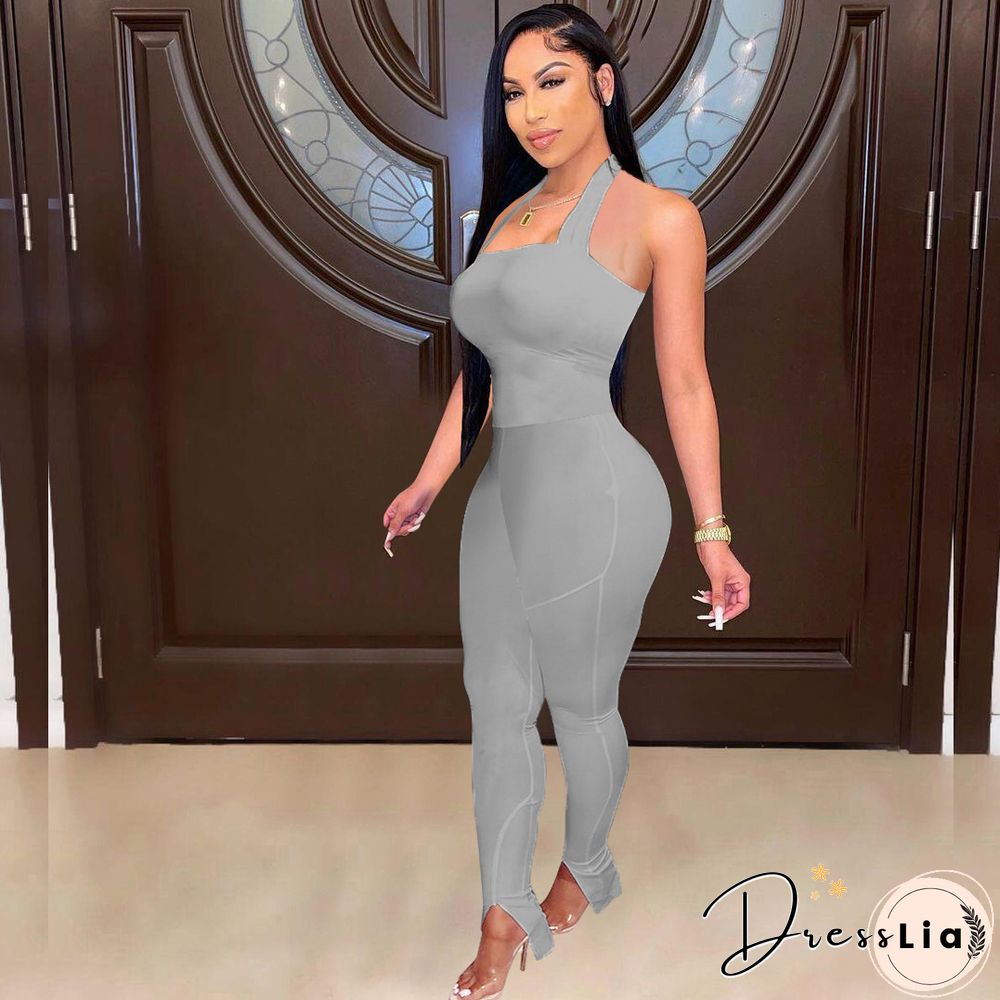 Women Solid Color Sportswear Sleeveless Halter Bodycon Jumpsuits
