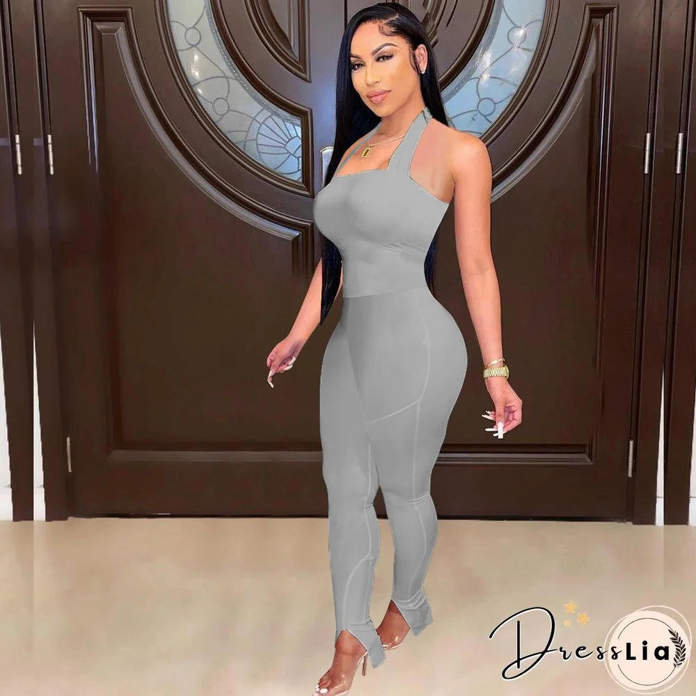 Women Solid Color Sportswear Sleeveless Halter Bodycon Jumpsuits