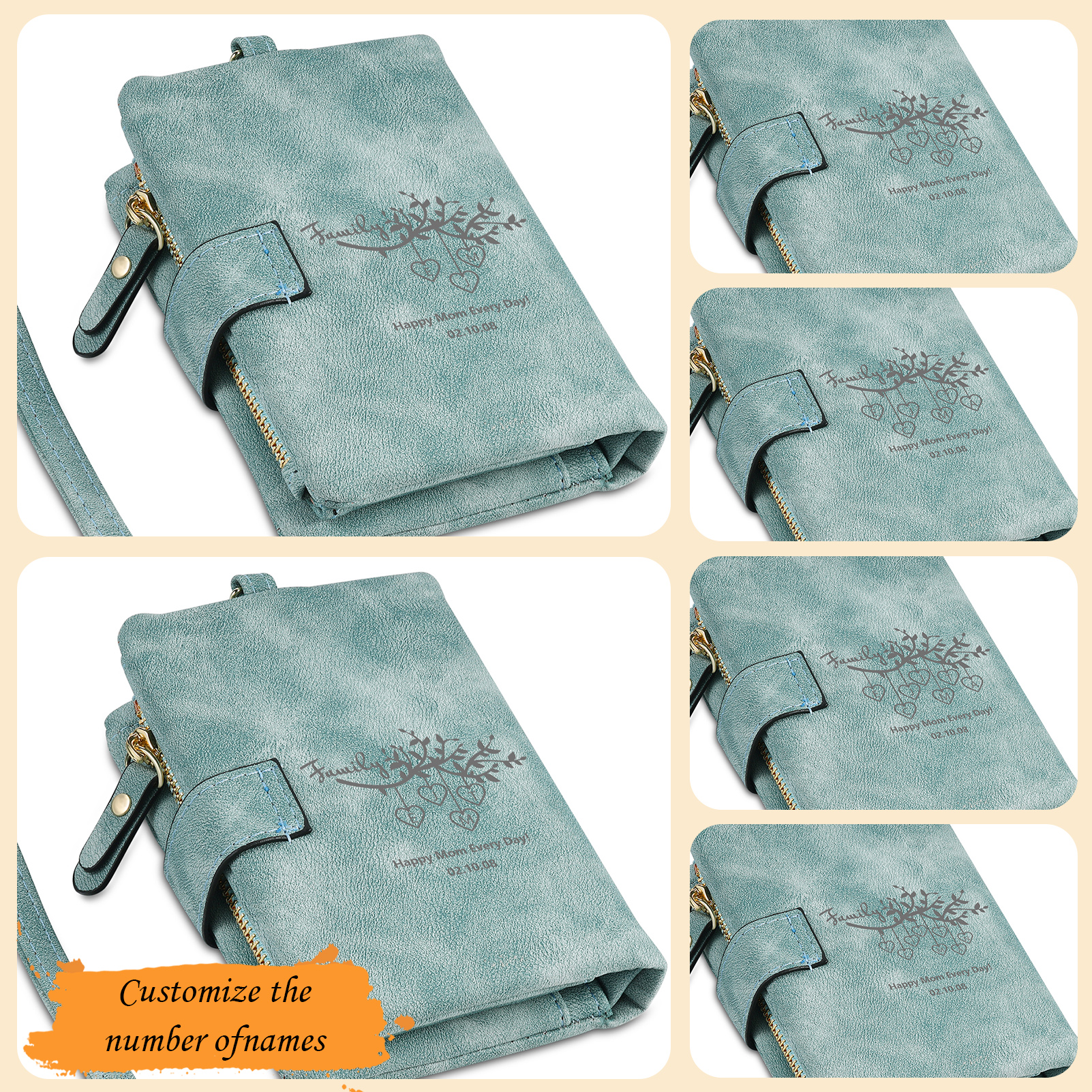 Portafoglio in PU pelle albero di vita con 8 letetre & 1 testo & 1 nome personalizzati per mamma/nonna