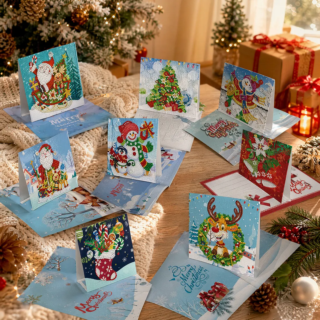 8PCS Christmas Tree DIY Diamond Painting Greeting Card Kits with Envelopes Diamond Art Greeting Cards Diamond Art Cards Kits for Adults DIY Crafts Family Friend Gifts
