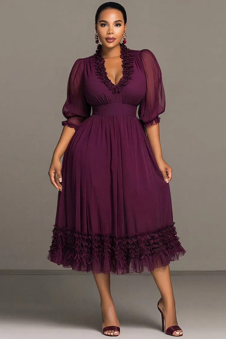 Xpluswear Design Plus Size Wedding Guest Elegant Purple V Neck Lantern Sleeve Half Sleeve Ruffle See Through Chiffon Midi Dresses [Pre-Order] 2024 - Xpluswear
