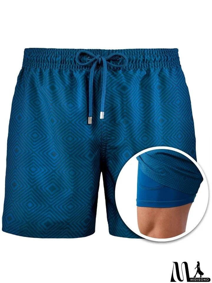MidiSono - Men's Double-Layer Design Beach Sports Print Lace-Up Shorts