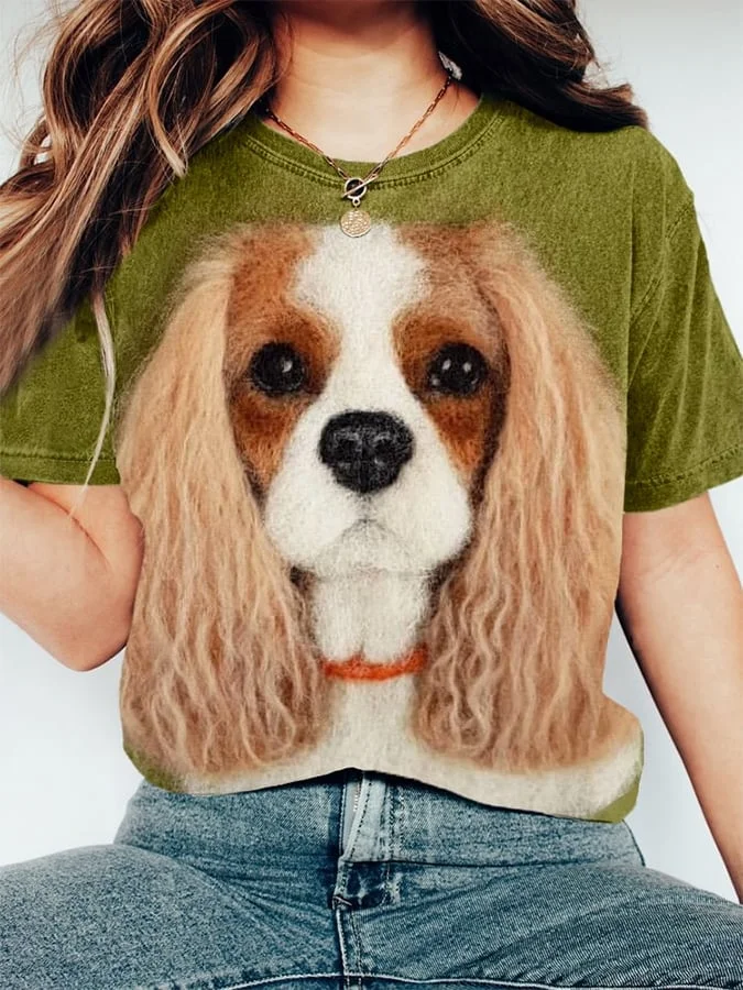 Women's Plush Stitching Dog Printed Casual Round Neck T-Shirt
