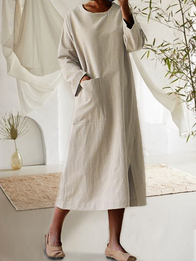 Cotton And Linen Mid-length Long-sleeve Plus Size Dress