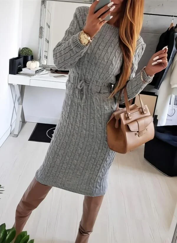 Solid Cable-knit Round Neck Casual Long Tight Sweater Dress DMladies