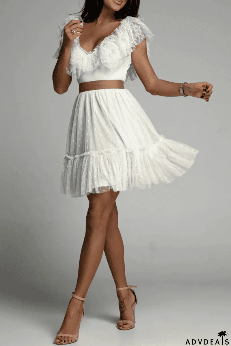 Dot Mesh V Neck Cake Skirt Dresses