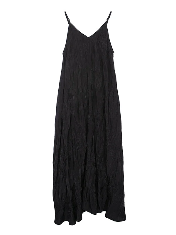 Original Black Irregular Pleated Spaghetti-Neck Dress