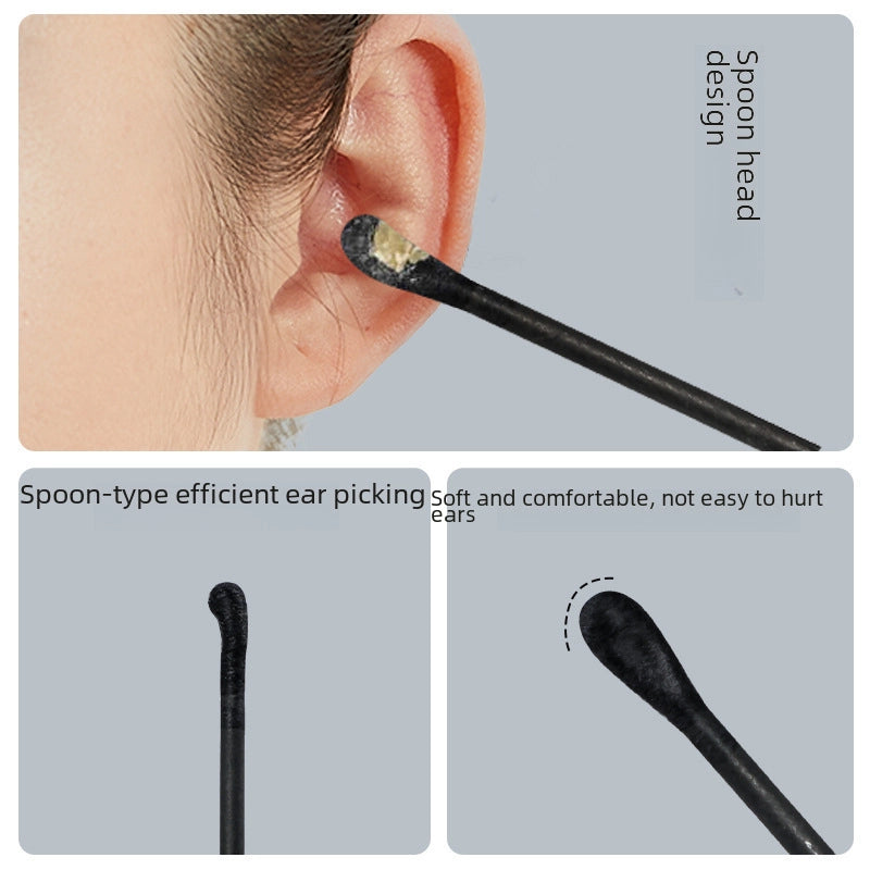 Double-headed Dual-use 2-in-1 Black Absorbent Cotton Swab Ear Spoon Makeup Household Disposable Cotton Swab Cleaning Ear Cleaning 100 Pieces
