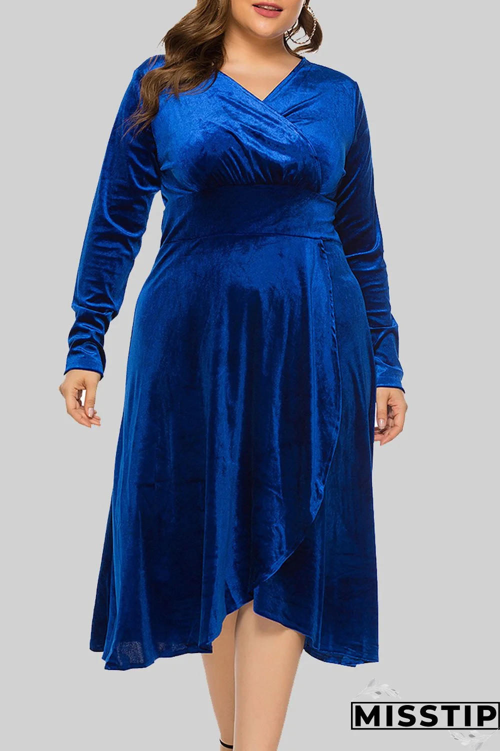 Blue Casual Solid Patchwork V Neck Long Sleeve Plus Size Dresses