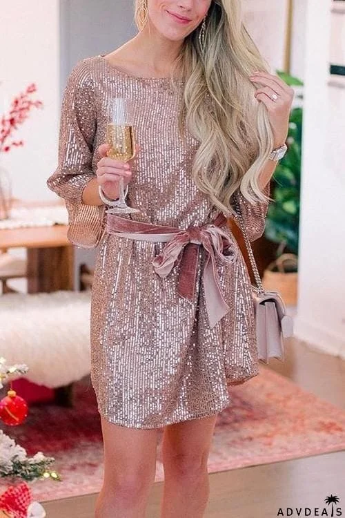 Sequin Belted Long Sleeve Mini Dress