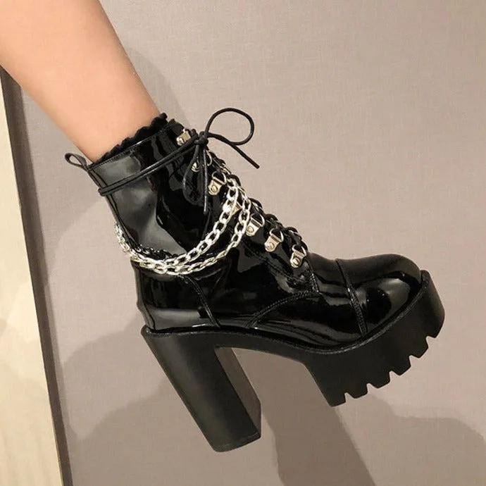 Vstacam 2022 Autumn Winter Gothic Women Ankle Boots Fashion Metal Chain Patent Leather Female Short Boots Punk Style Ladies Shoes