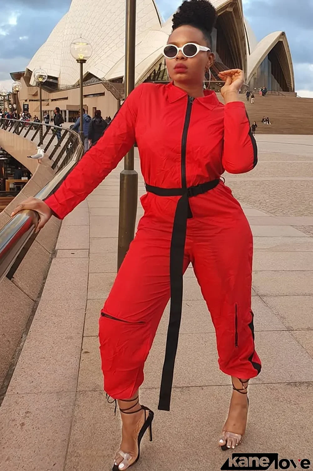 Red Casual Patchwork zipper Polyester Long Sleeve Turndown Collar Jumpsuits