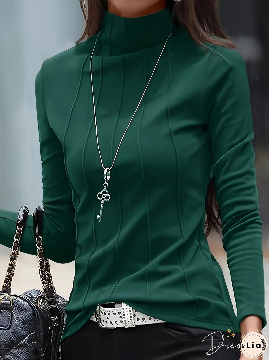 Plus Size Solid Turtleneck Slim T-Shirt, Versatile Long Sleeve T-Shirt For Spring & Fall, Women's Plus Size Clothing