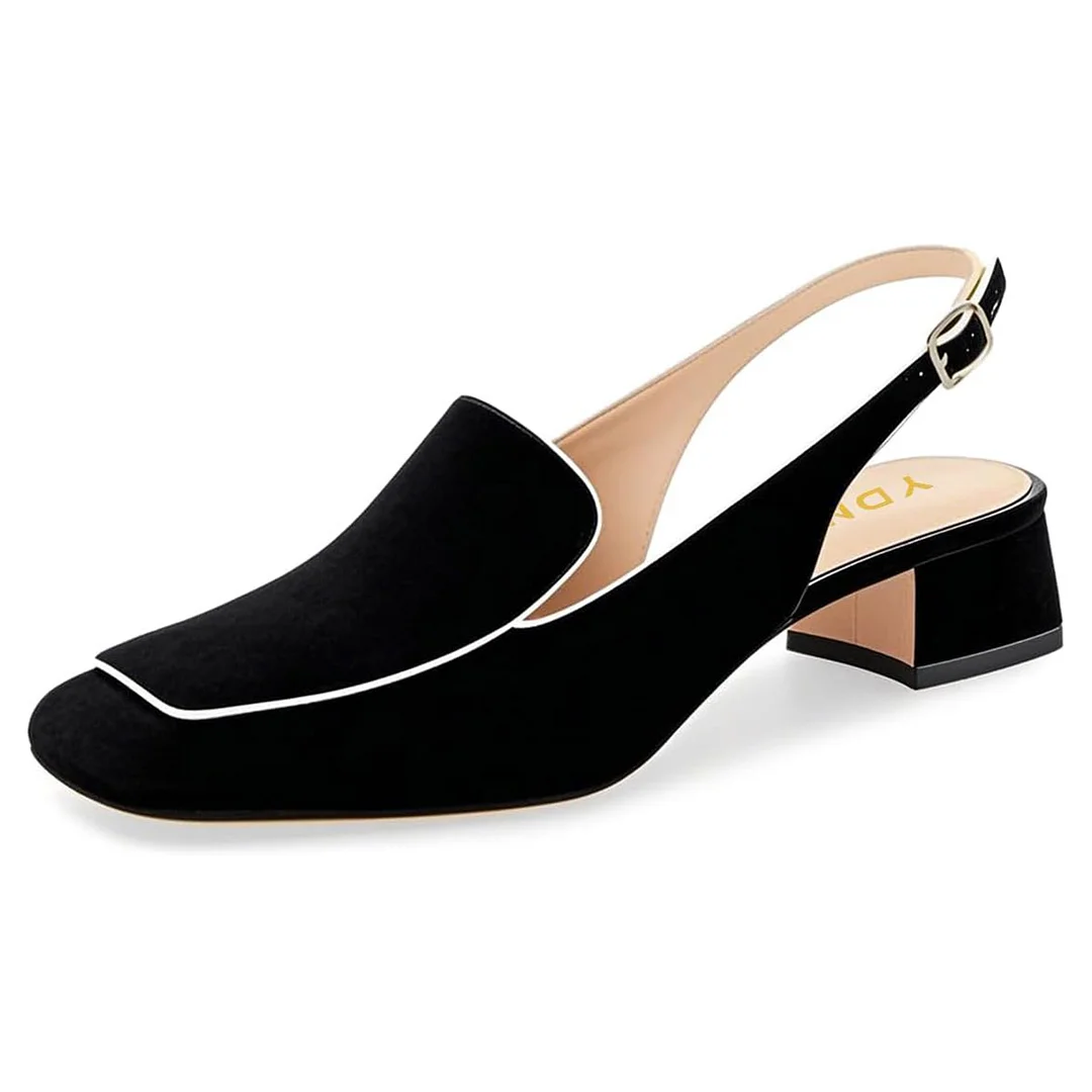 Black Vegan Suede Slingback Office Loafer Heels with Square Toe