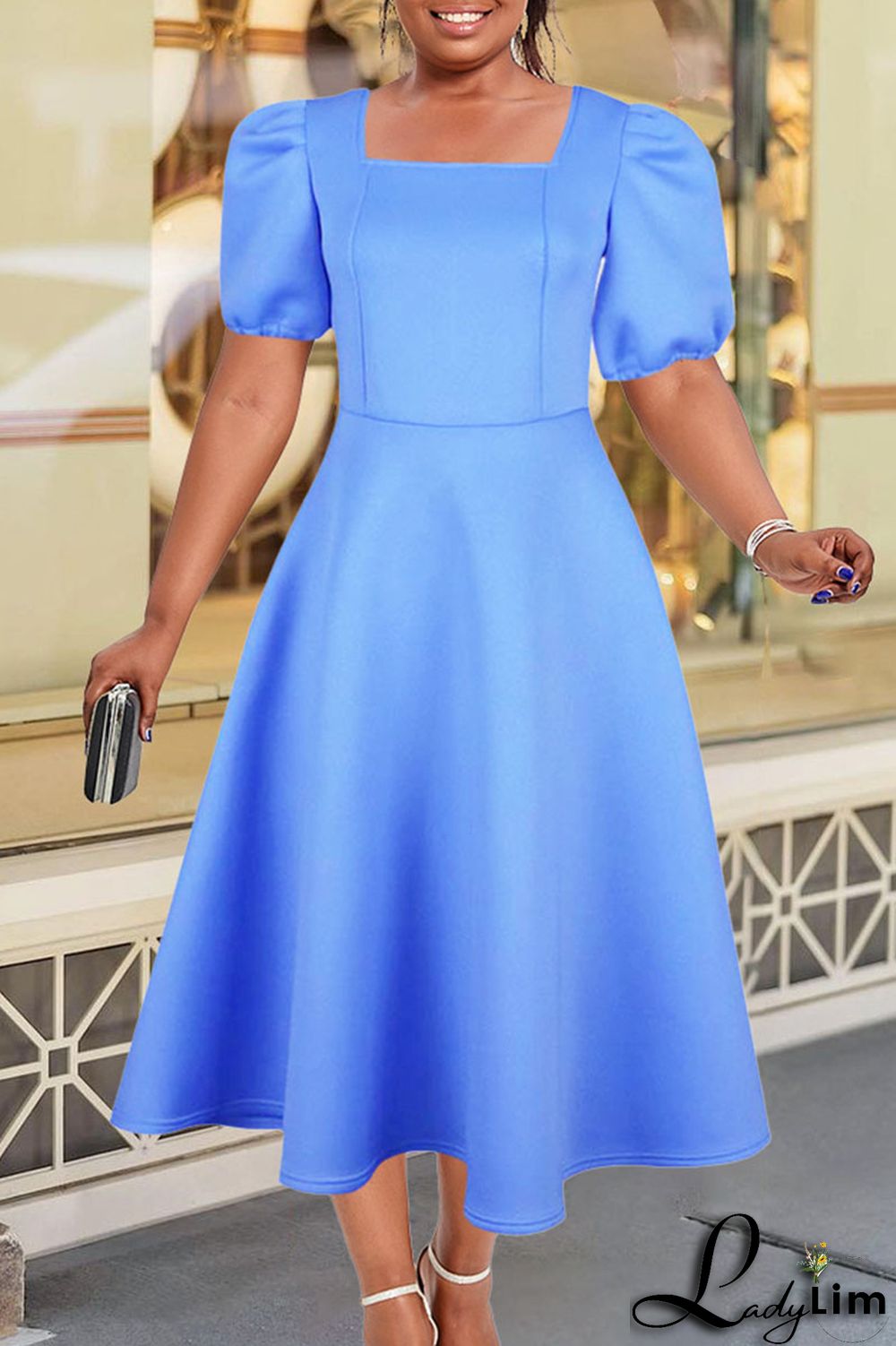 Yellow Elegant Solid Patchwork Square Collar Evening Dress Dresses