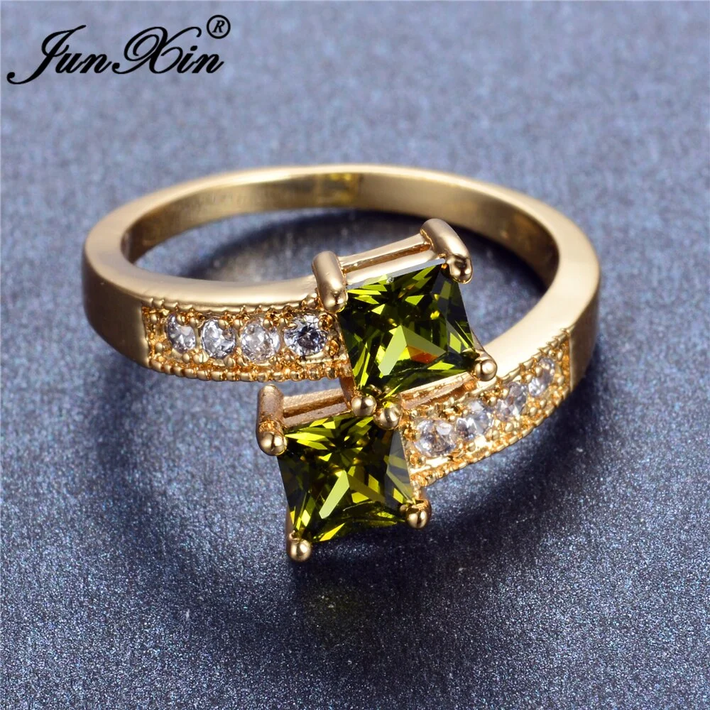 JUNXIN New Fashion Men Women Peridot Ring Yellow Gold Filled Jewelry Vintage Party Wedding Ring Birthday Stone Gift