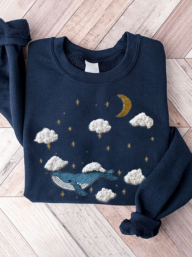 Whale Pattern Embroidery Art Cozy Sweatshirt wearshes