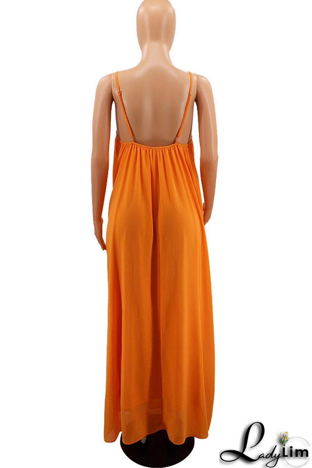 Orange Red Casual Solid Split Joint Backless Spaghetti Strap Sling Dress Dresses