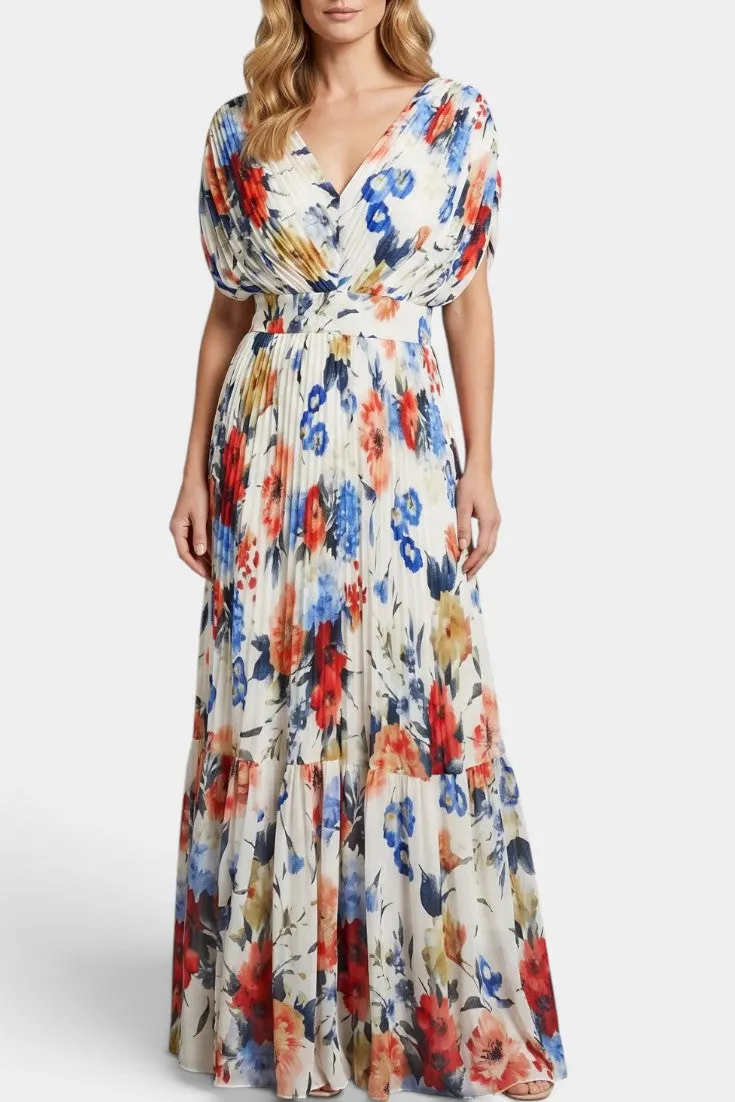 V-Neck Pleated Floral Maxi Dress with Wrap Detail