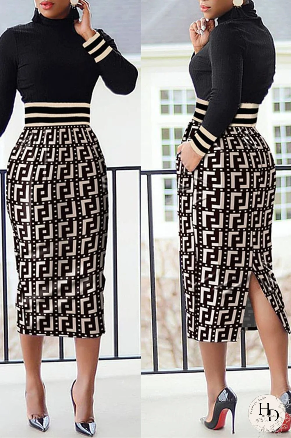 Black Work Print Patchwork Printing Half A Turtleneck Wrapped Skirt Dresses